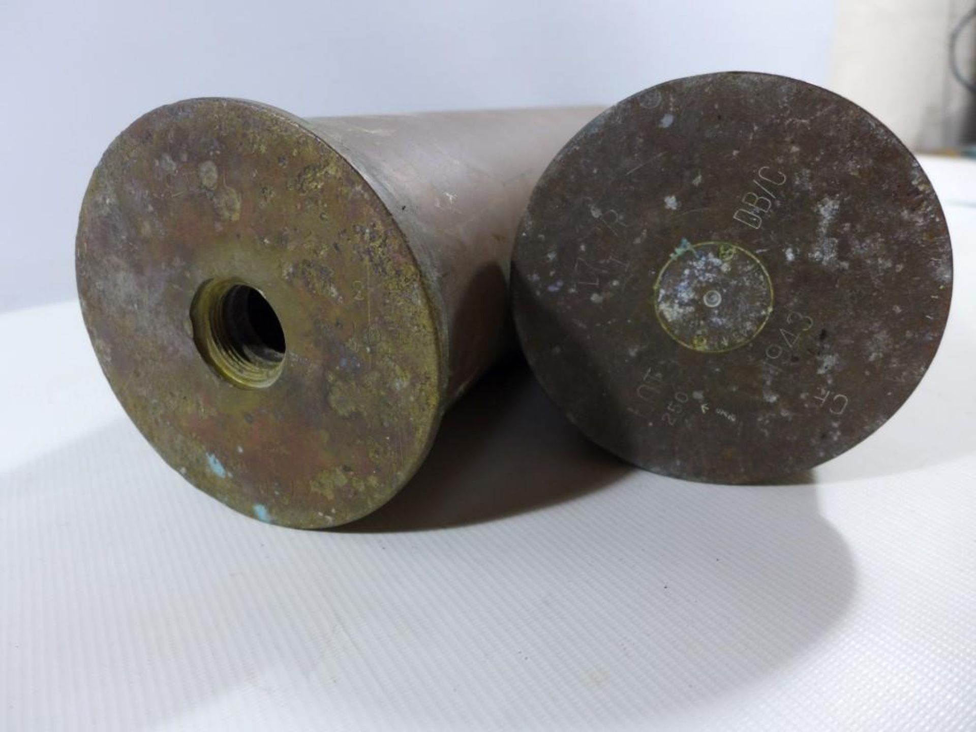 TWO LARGE BRASS SHELL CASES, HEIGHTS 44 AND 45CM - Image 2 of 2