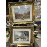 TWO GILT FRAMED PRINTS ONE OF DEER IN A WOODLAND SETTING, THE OTHER A HUNTING SCENE