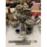 A LARGE QUANTITY OF SILVER PLATED ITEMS TO INCLUDE A COFFEE POT, TEAPOT AND SUGAR BASIN WITH