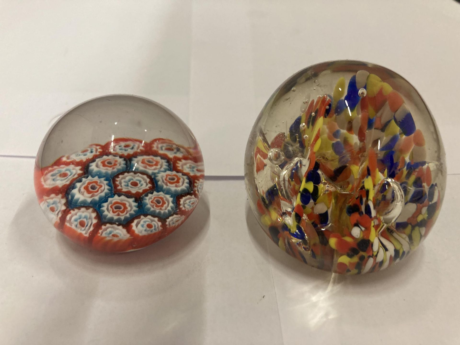 TWO GLASS PAPERWEIGHTS TO INCLUDE A MILLEFIORI STYLE