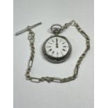 A LADIES SILVER FOB WATCH AND CHAIN WITH A PRESENTATION BOX