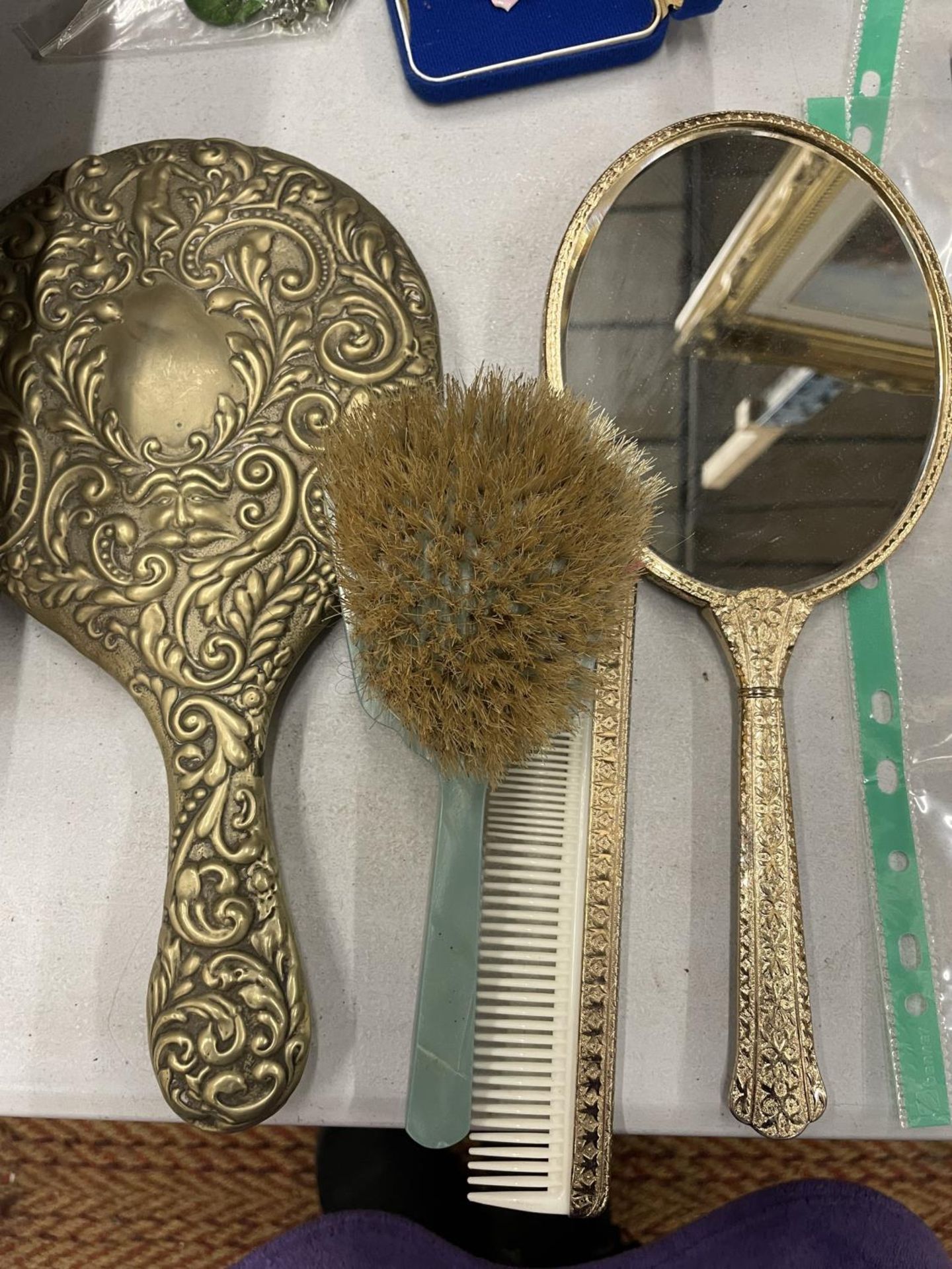 A SILVER PLATED HAND MIRROR, A PETIT POINT BACKED MIRROR, ART DECO STYLE BRUSH, ETC - Image 2 of 2