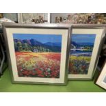 TWO LARGE PRINTS BY ARTHUR CLARIDGE - LAKESIDE VILLA'S AND POPPIES AND CYPRUS TREES