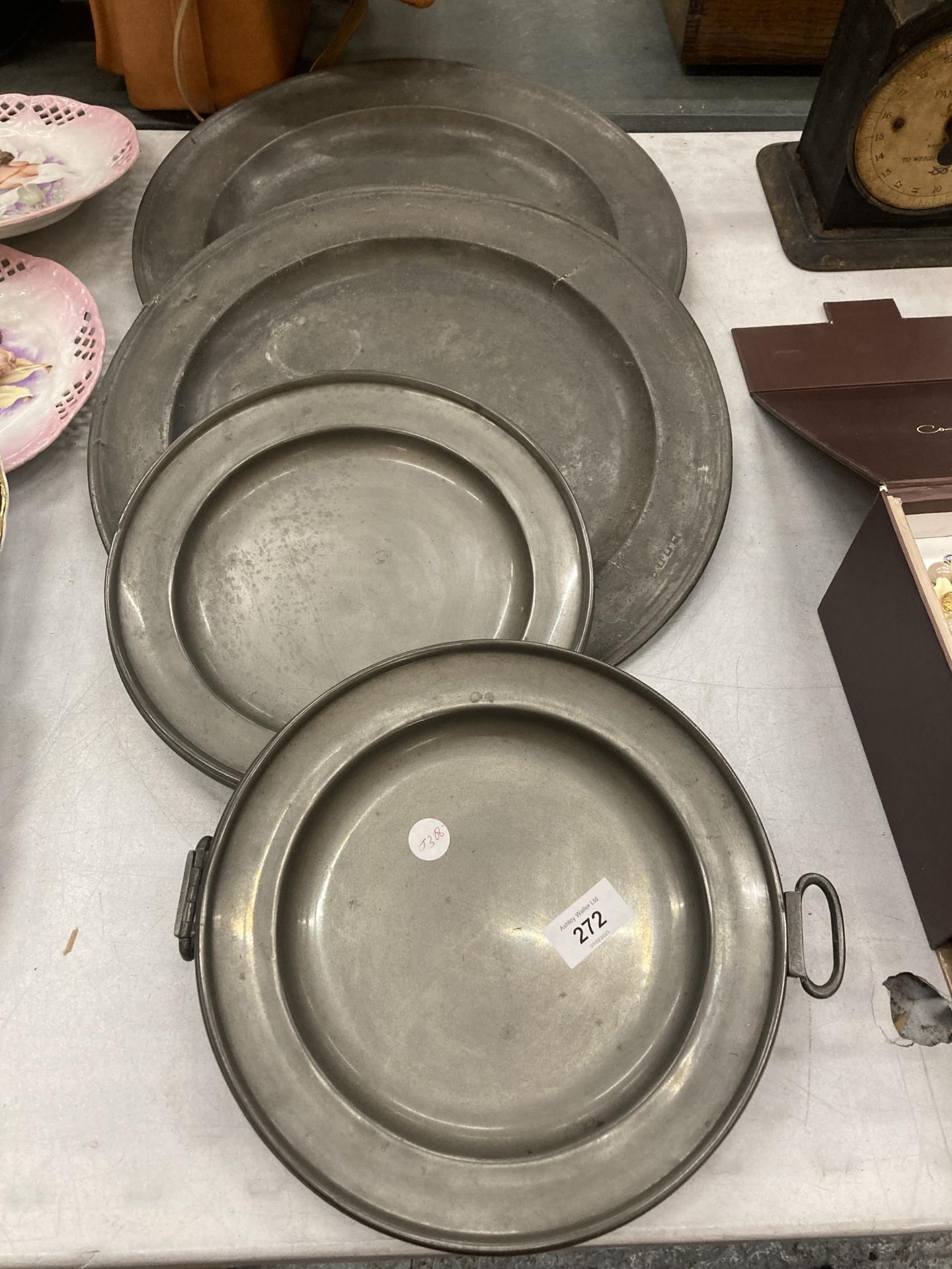 TWO LARGE VINTAGE PEWTER CHARGERS PLUS TWO PEWTER FOOD WARMERS