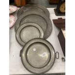 TWO LARGE VINTAGE PEWTER CHARGERS PLUS TWO PEWTER FOOD WARMERS