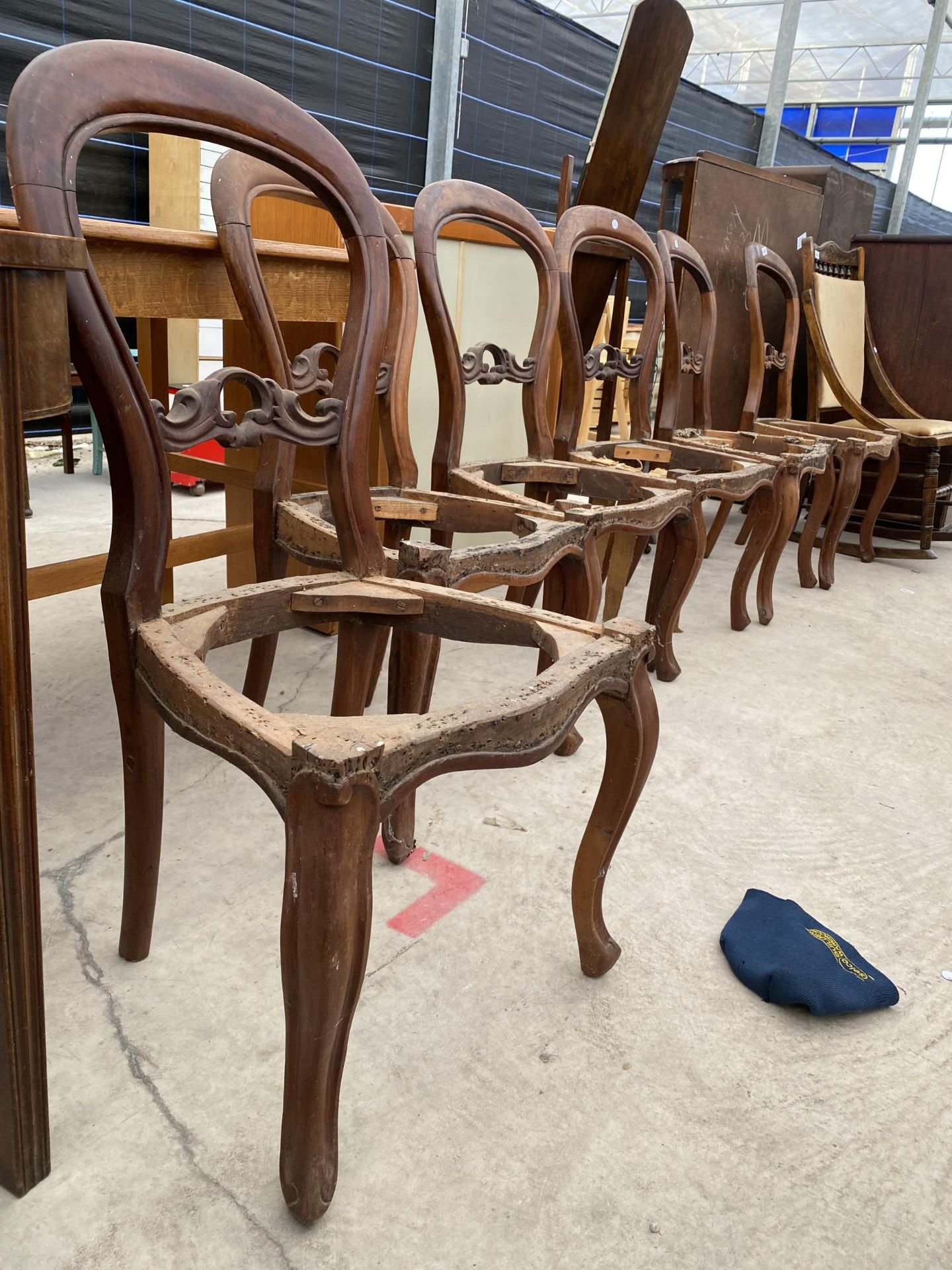 A SET OF SIX VICTORIAN MAHOGANY DINING CHAIRS, LACKING SEATS - Image 2 of 3