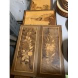SIX MARQUETRY PICTURES TO INCLUDE FLOWERS, BUILDINGS, ETC