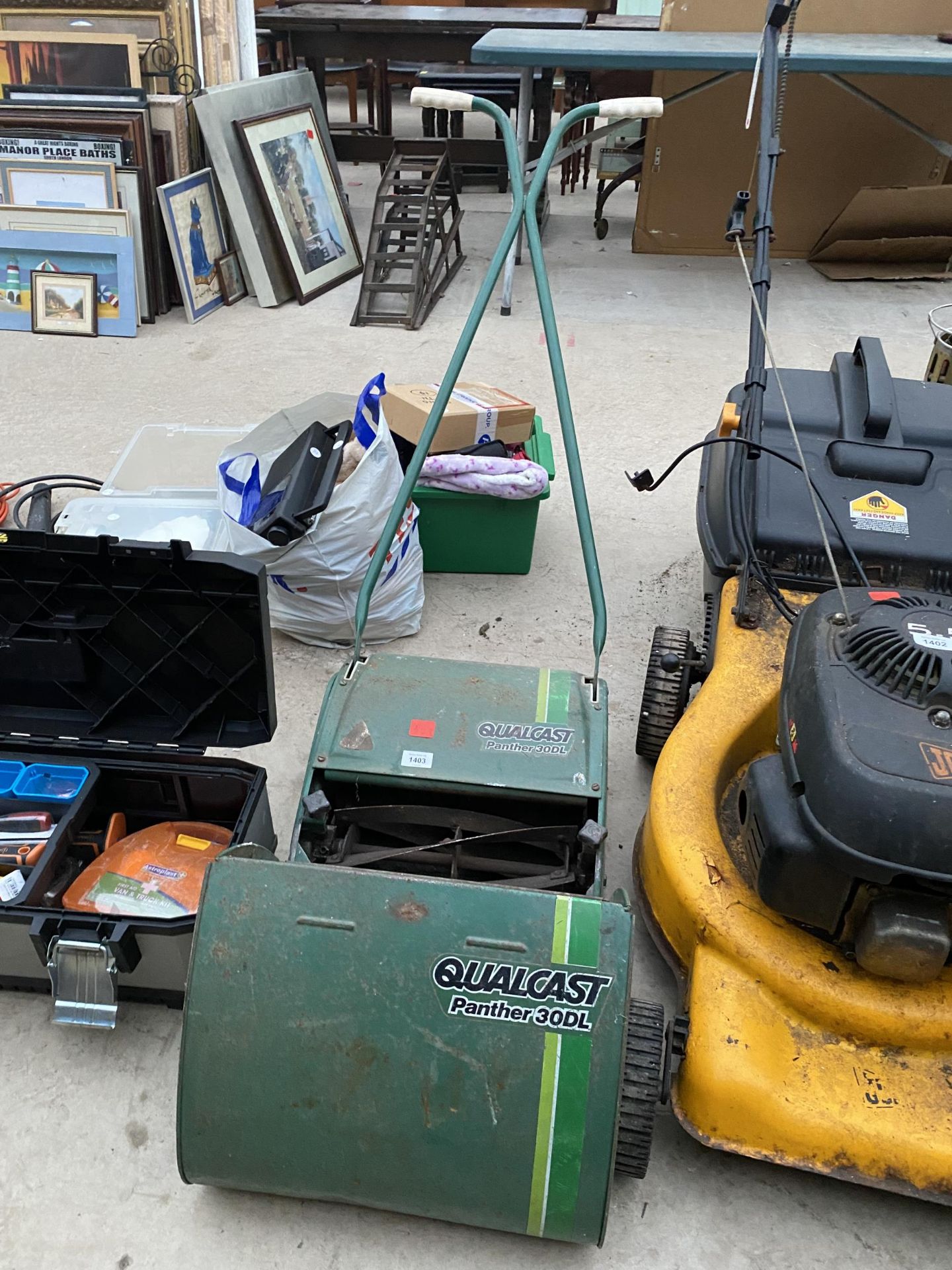 A VINTAGE QUALCAST PANTHER 30DL PUSH ALONG LAWN MOWER