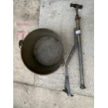 A VINTAGE SPRAYER PUMP AND A BRASS JAM PAN