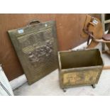 A BRASS EMBOSED MAGAZINE RACK AND A FURTHER BRASS EMBOSSED FIRE SCREEN