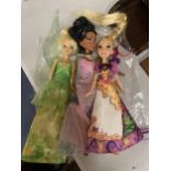 THREE DOLLS TO INCLUDE RAPUNZEL AND TINKERBELL