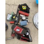 AN ASSORTMENT OF TOOLS AND HARDWARE TO INCLUDE A SPIRIT LEVEL, GUAGES AND WEIGHTD ETC