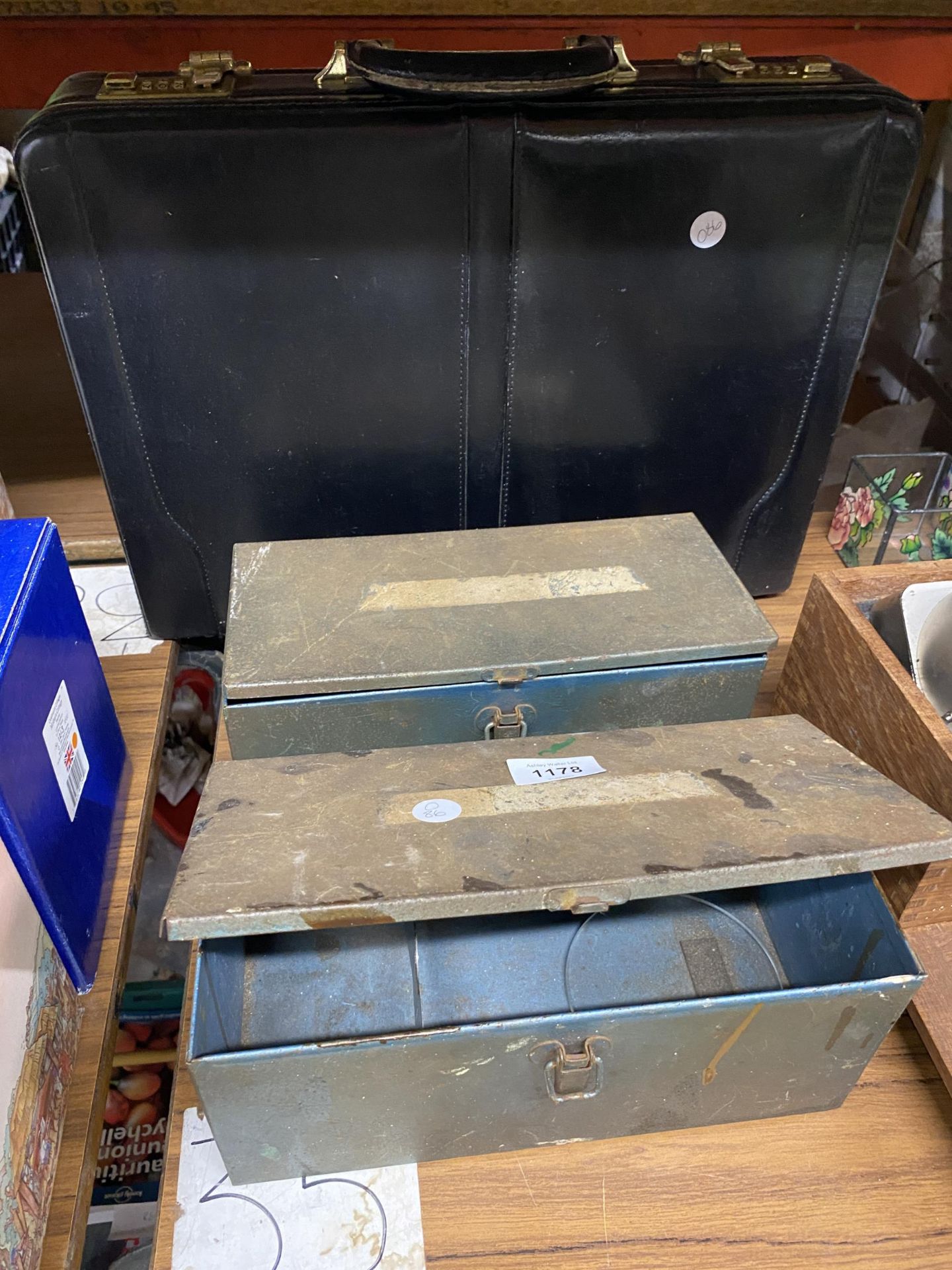 TWO VINTAGE TIN BOXES PLUS A BRIEFCASE