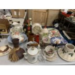 A LARGE QUANTITY OF CERAMIC ITEMS TO INCLUDE A MANTLE CLOCK, VINTAGE CUPS AND SAUCERS, A JAMES