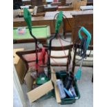 AN ASSORTMENT OF GARDEN ITEMS TO INCLUDE AN ELECTRIC TILER AND A WEED BURNER ETC