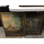 TWO FRAMED PRINTS, ONE OF A BARN IN A FIELD THE OTHER A VICTORIAN STREET SCENE