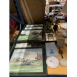 A GOLFING THEMED LOT TO INCLUDE PLACEMATS, FIGURES, A FRAMED TAPESTRY, PHOTO FRAMES, ETC