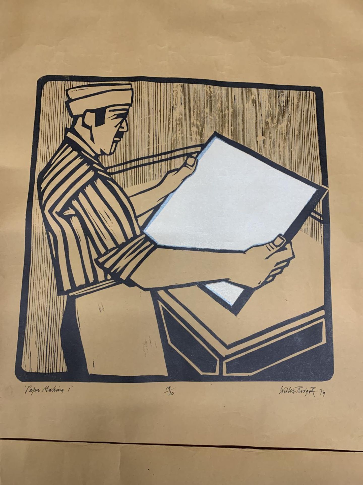 A PAIR OF LIMITED EDITION SIGNED WILLIE RODGERS WOODCUT PRINTS TITLED 'PAPER MAKING 1' AND PAPER - Image 2 of 4