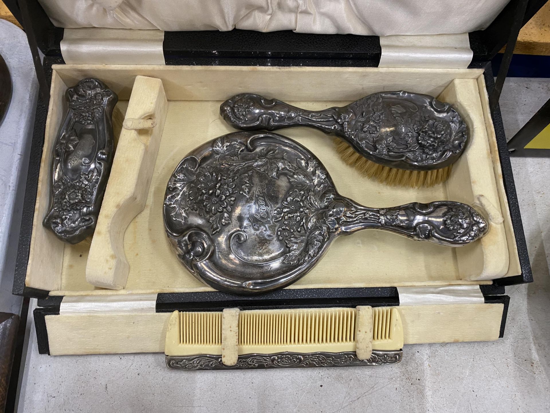A CASED HOPE SILVER CO SILVER BACKED DRESSING TABLE SET
