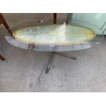 A RETRO 1970'S OVAL GLASS COFFEE TABLE, 38X17", ON ALLOY BASE