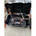 A PLASTIC STANLEY TOOL BOX WITH AN ASSORTMENT OF TOOLS TO INCLUDE PLIERS AND SCREW DRIVERS ETC