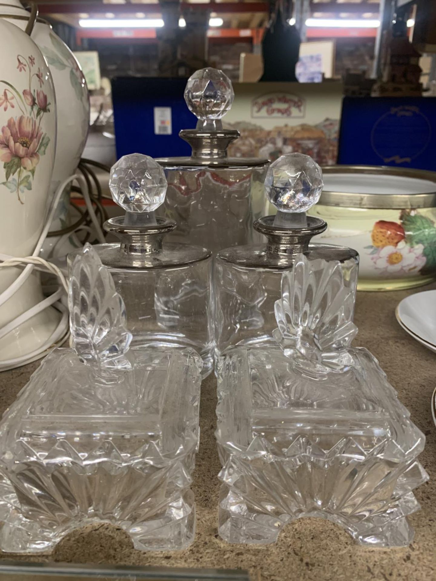 THREE GLASS DECANTERS, TRINKET BOXES, MIRRORED FLOWER HOLDER, ETC - Image 2 of 4