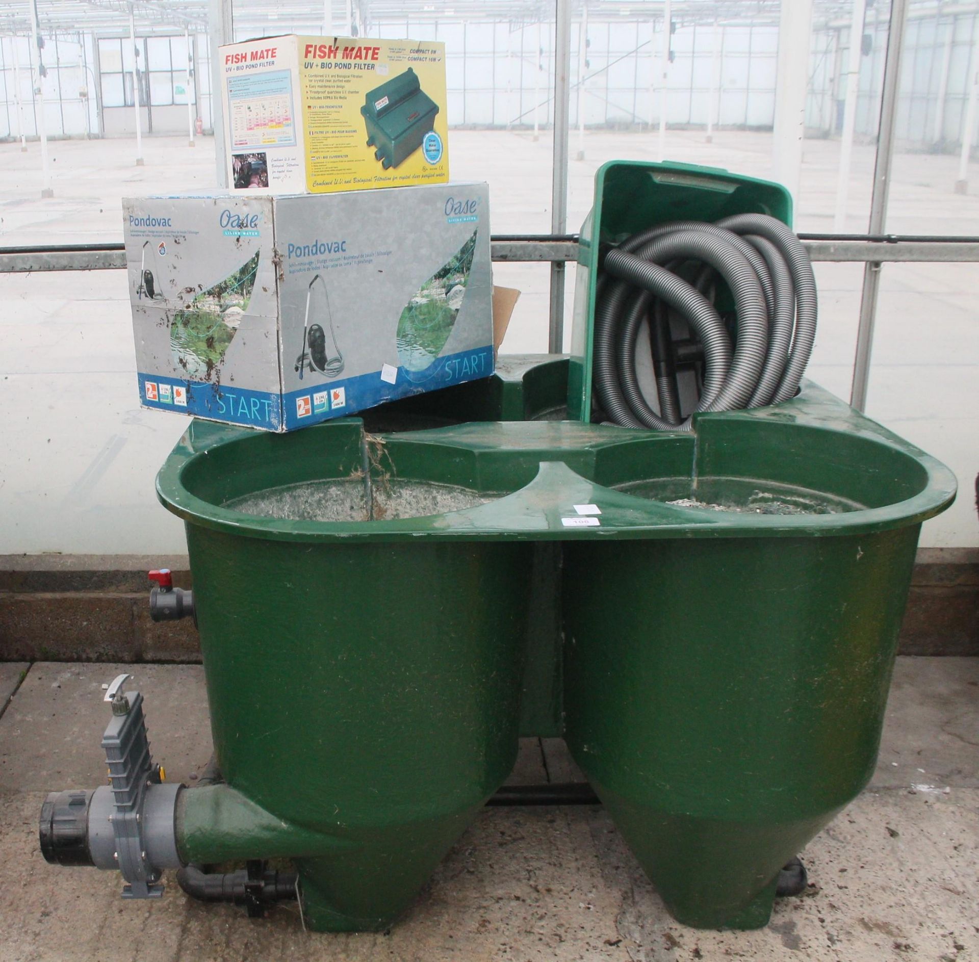 A FOUR LEAF CLOVER POND FILTER, A SMALL POND FILTER AND A POND VACUUM + VAT