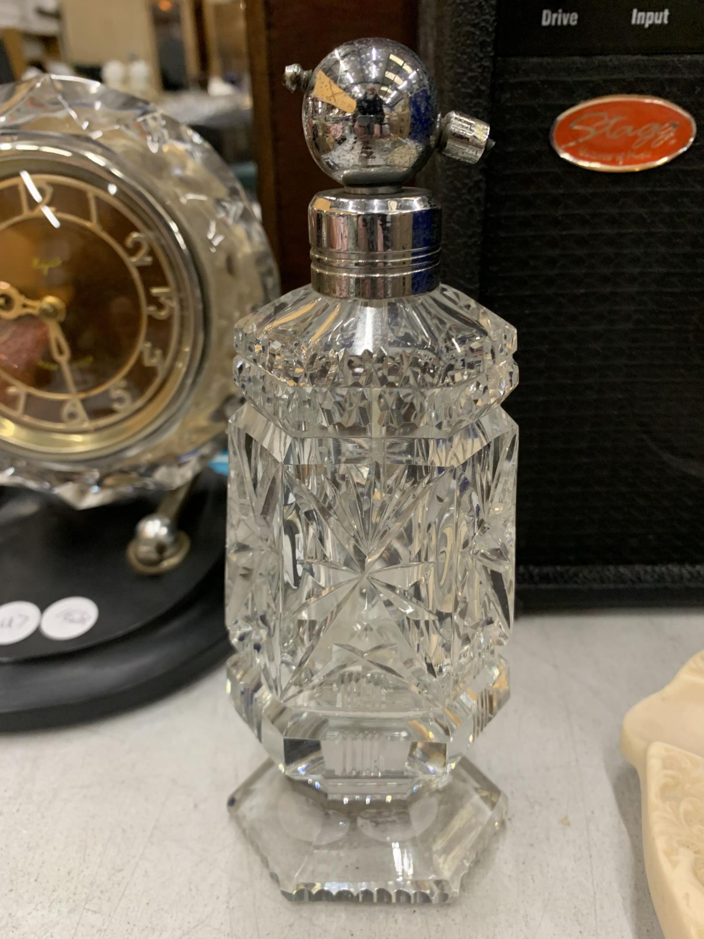 A CUT GLASS PERFUME BOTTLE HEIGHT 20CM