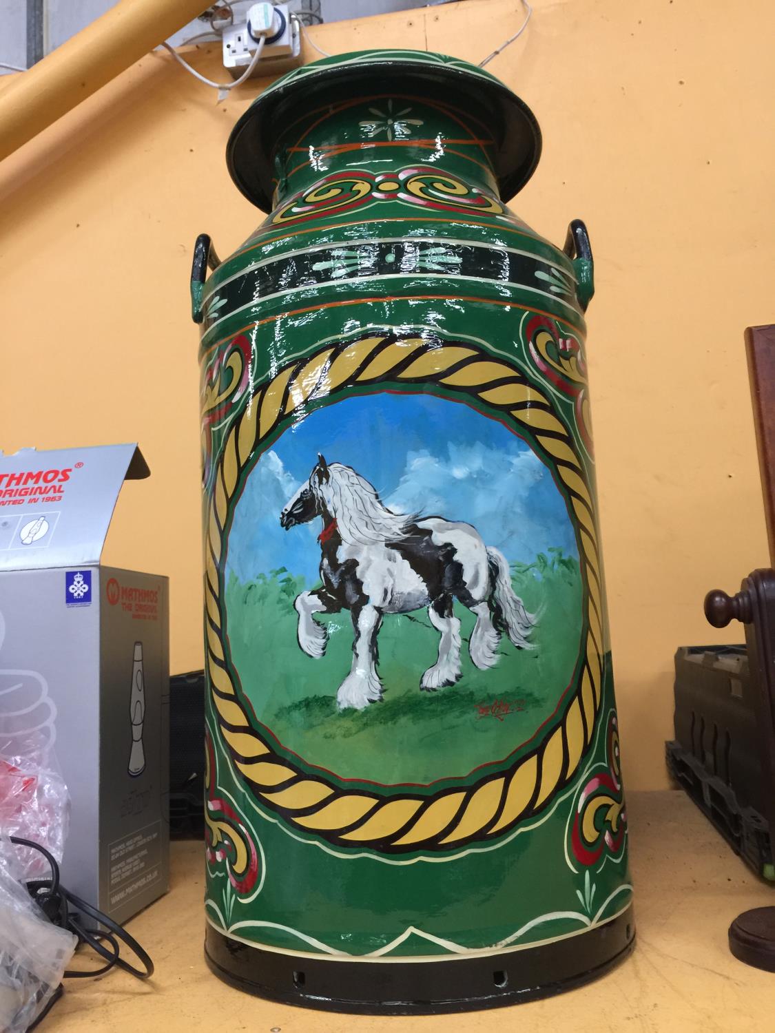 A HANDPAINTED GYPSY MILK CHURN IN THE 'APPLEBY STALLION' DESIGN HEIGHT 72CM SIGNED