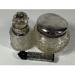 THREE SILVER ITEMS - PERFUME BOTTLE, SILVER TOPPED JAR AND FURTHER PERFUME BOTTLE