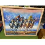 A FRAMED HORSE RACING ABSTRACT PRINT