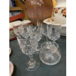 SIX CUT GLASS WINE GLASSES, A DESSERT BOWL, BELL AND LIDDED POT