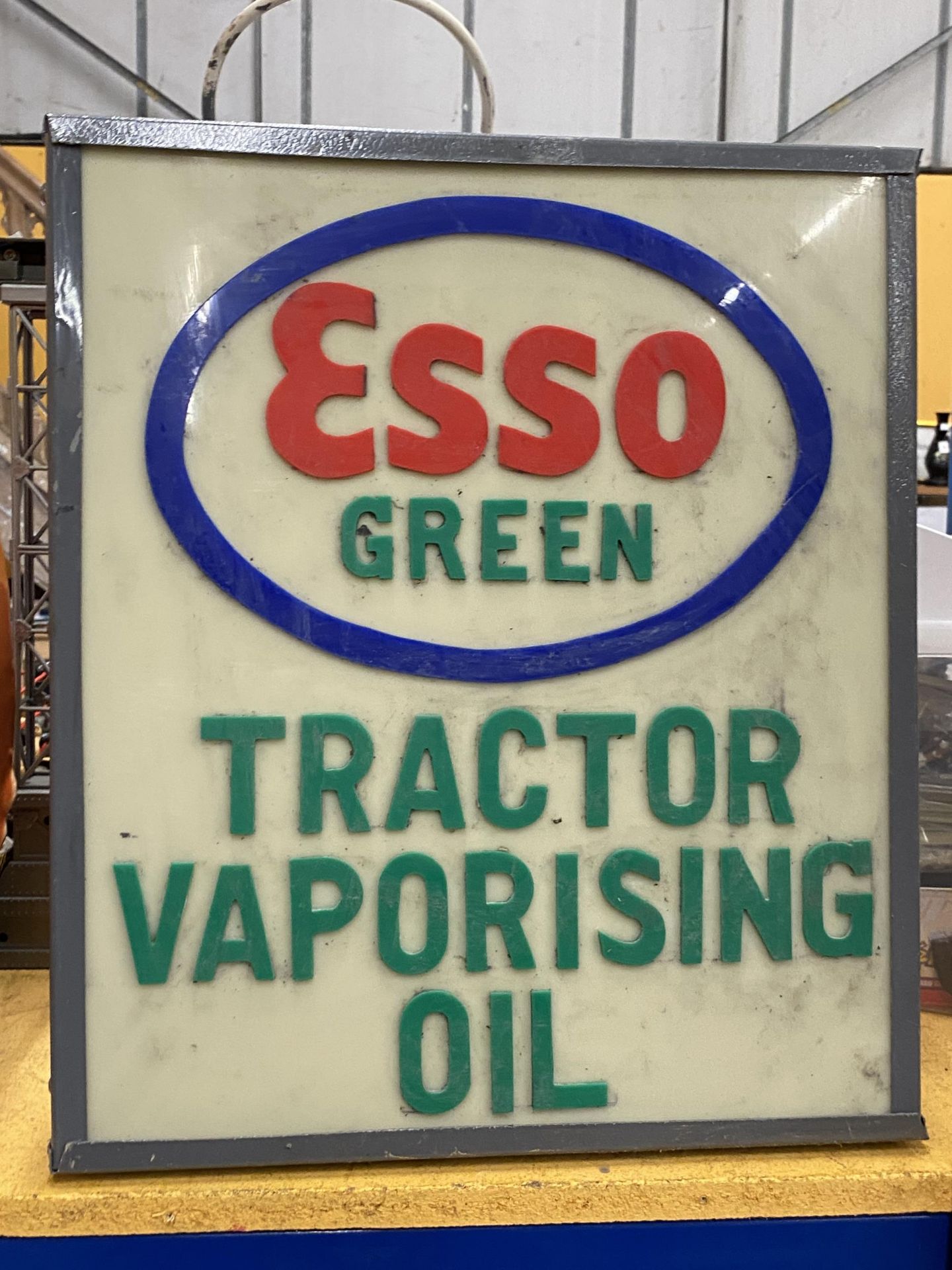 A ESSO GREEN TRACTOR VAPORISING OIL ILLUMINATED BOX SIGN, 48 X 41 X 10CM