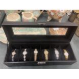 A BOX CONTAINING SIX LADIES WRISTWATCHES - SOME IN WORKING ORDER