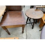 A 23" DIAMETER PUB TABLE AND PINE LAMP TABLE ON TURNED LEGS, 24" SQUARE