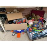 A LARGE ASSORTMENT OF CHILDRENS TOYS TO INCLUDE NERF GUNS, SPIDERMAN AND PLUSH TOYS ETC
