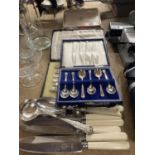 A QUANTITY OF FLATWARE TO INCUDE VINERS SPOONS IN ORIGINAL VINTAGE BOX, PEARLISED MEAT FORK, ETC.,