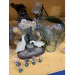 A MIXED LOT TO INCLUDE A GLASS HEAD, OIL LAMP, SMALL TERRARIUM, FIGURES, ETC