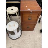 A WOODEN TWO DRAWER FILING CABINET, A KITCHEN STOOL AND A STEP ETC