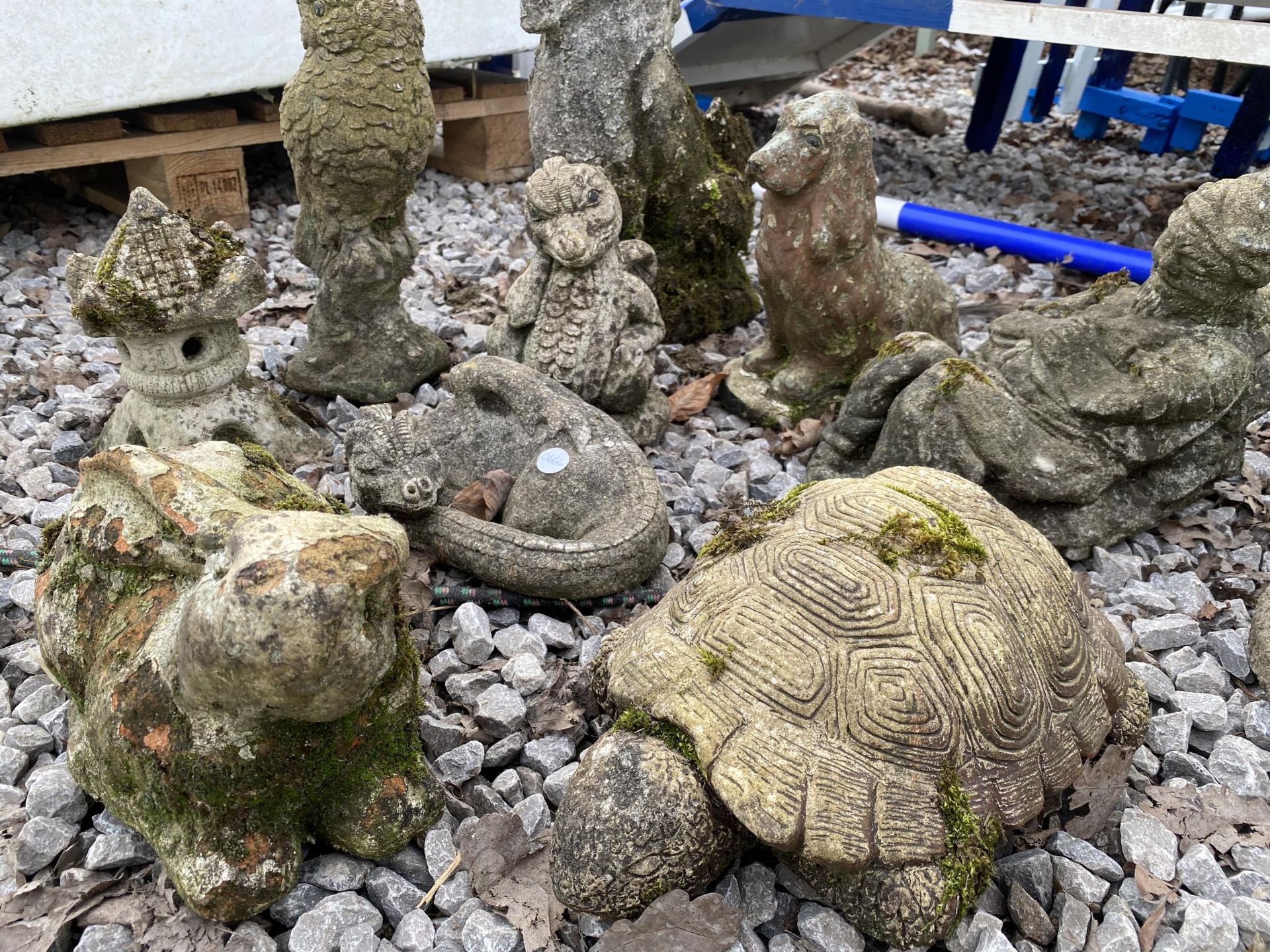 AN ASSORTMENT OF RECONSITUTED STONE GARDEN FIGURES TO INCLUDE A TURTLE, AN OWL AND A DOG ETC - Image 4 of 4