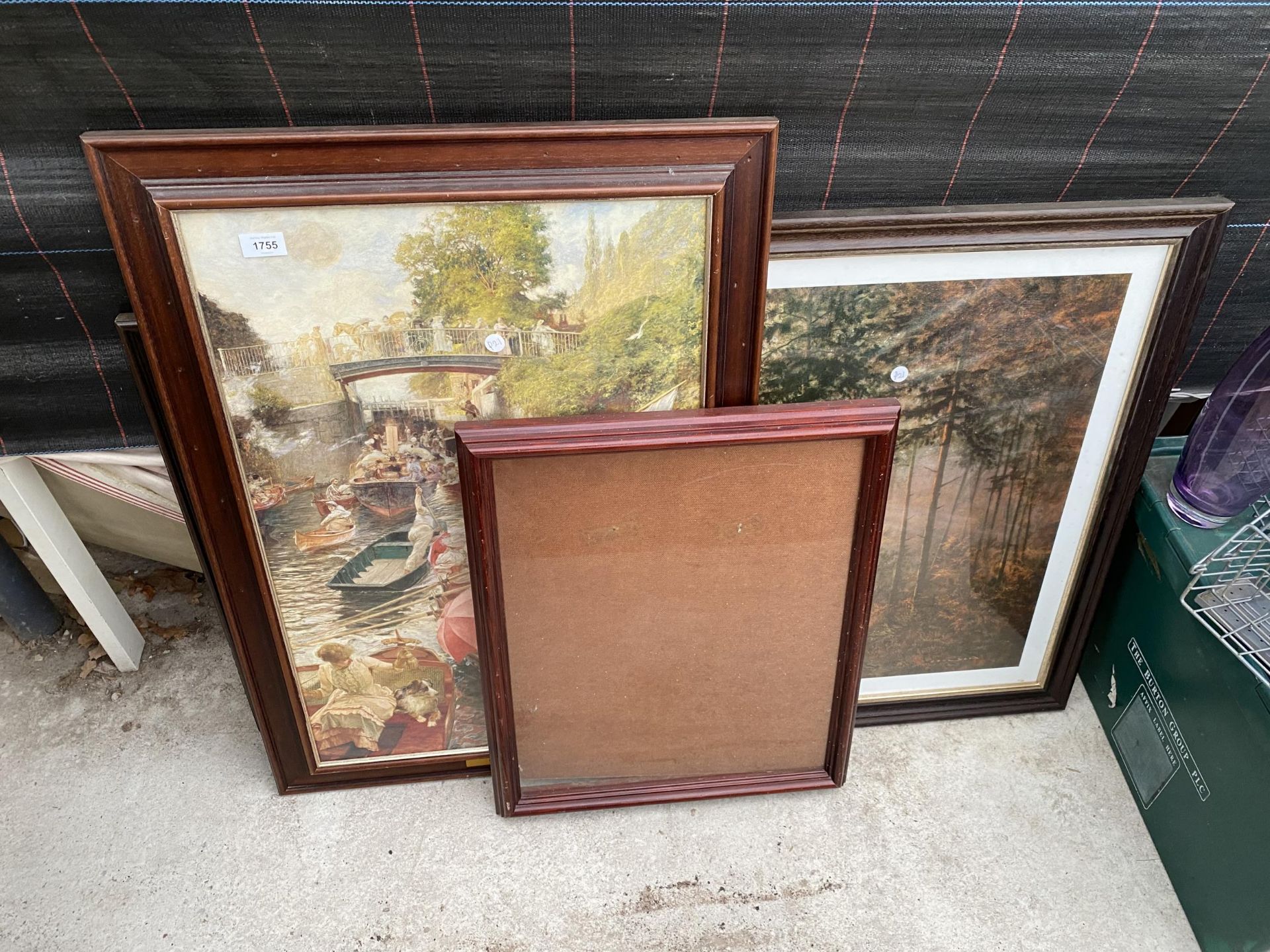 THREE FRAMED PRINTS AND AN EMPTY PICTURE FRAME