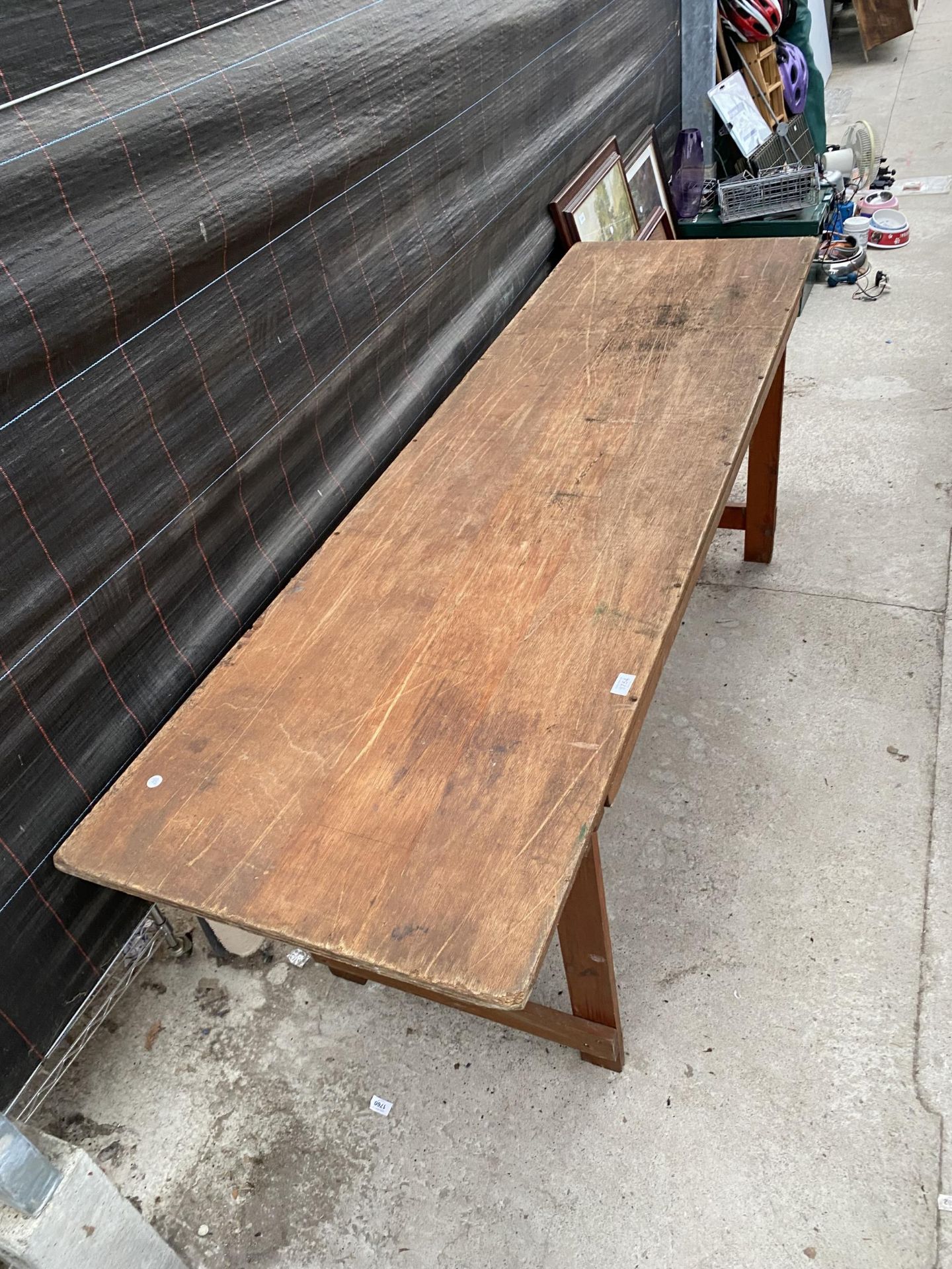 A VINTAGE WOODEN FOLDING TRESTLE TABLE (L:206CM) - Image 2 of 3