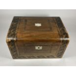 A VINTAGE INLAID SEWING BOX WITH MOTHER OF PEARL DESIGN