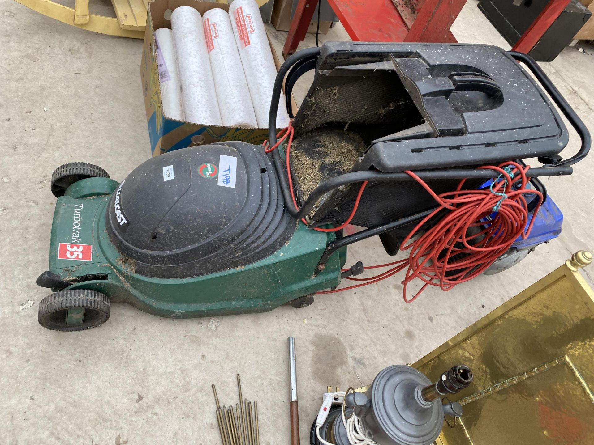 A QUALCAST TURBOTRAK 35 ELECTRIC LAWN MOWER WITH GRASS BOX