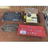 THREE VINTAGE METAL PLAQUES TO INCLUDE 'OLDHAM & RICHARDS' AND 'MUIR-HILL' ETC