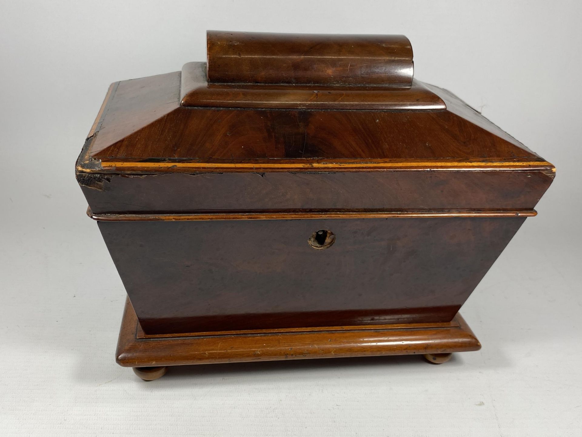 A VINTAGE MAHOGANY TEA CADDY WITH TWO INNER COMPARTMENTS