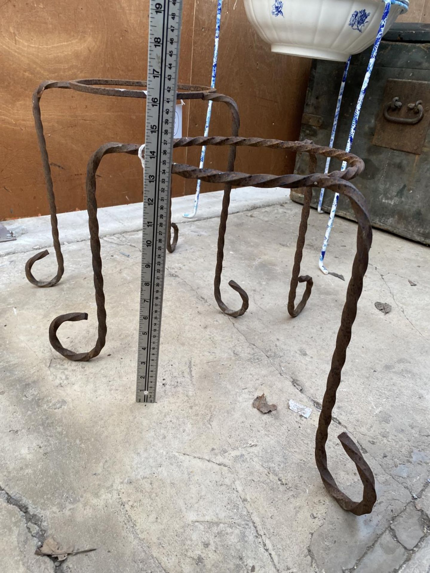 TWO WROUGHT IRON TRIPOD PLANT POT HOLDERS - Image 4 of 4