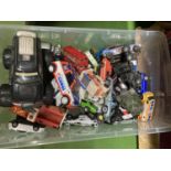 A LARGE QUANTITY OF PLAY WORN DIE-CAST VEHICLES TO INCLUDE CARS, TRUCKS, ETC