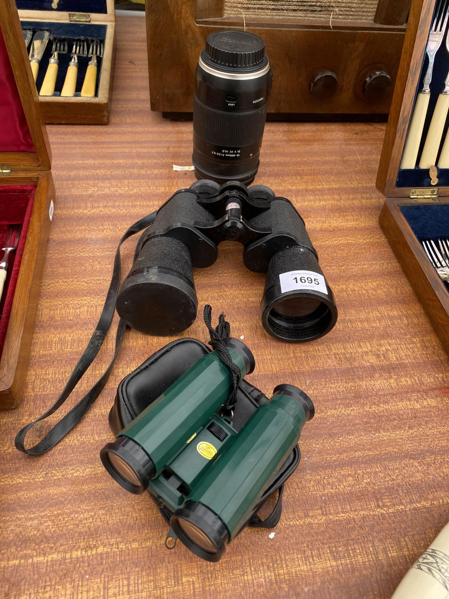 A PAIR OF HANIMEX BINOCULARS, A CANON TAMRON CAMERA LENS AND A FURTHER PAIR OF BINOCULARS