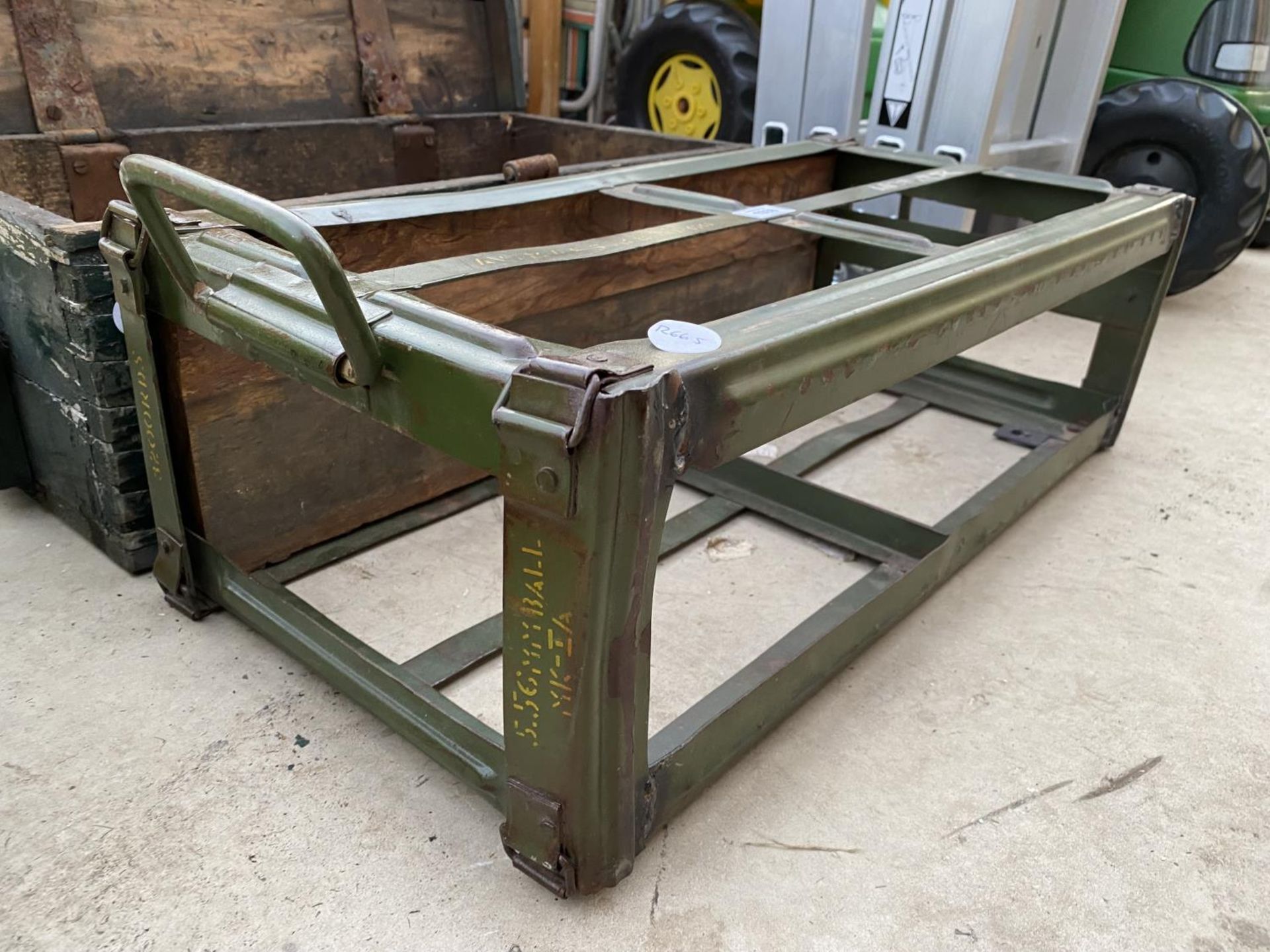 A VINTAGE WOODEN TOOL CHEST AND A FURTHER METAL CRATE - Image 2 of 3